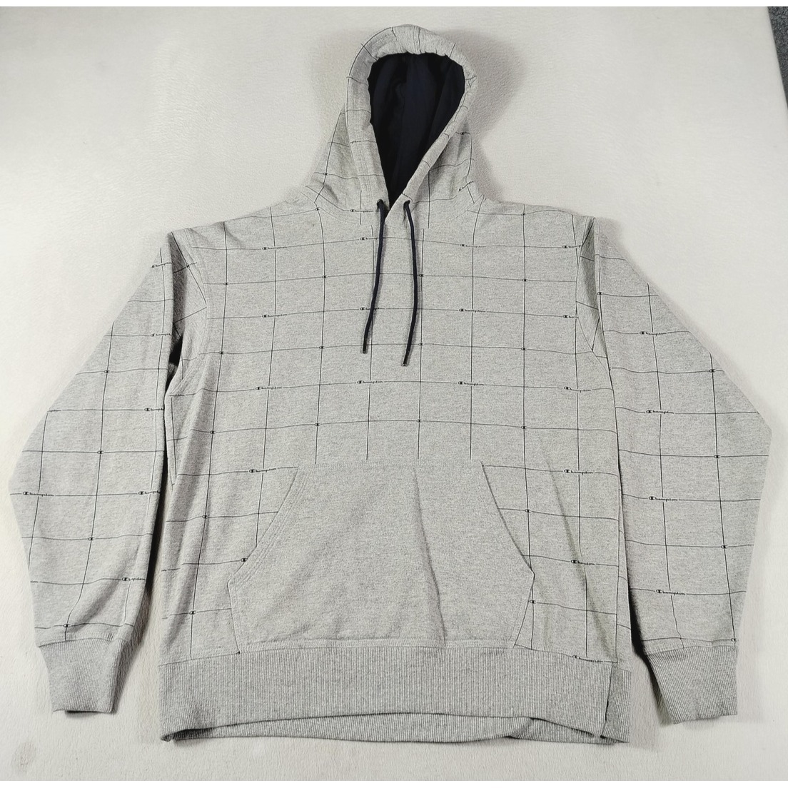 Champion Hoodie Sweatshirt Mens Large Gray Grid All Over Logo Fleece Pullover